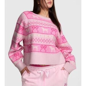 VS PINK x LoveShackFancy Boxy Sweater Pink Tulip Fairisle XS
